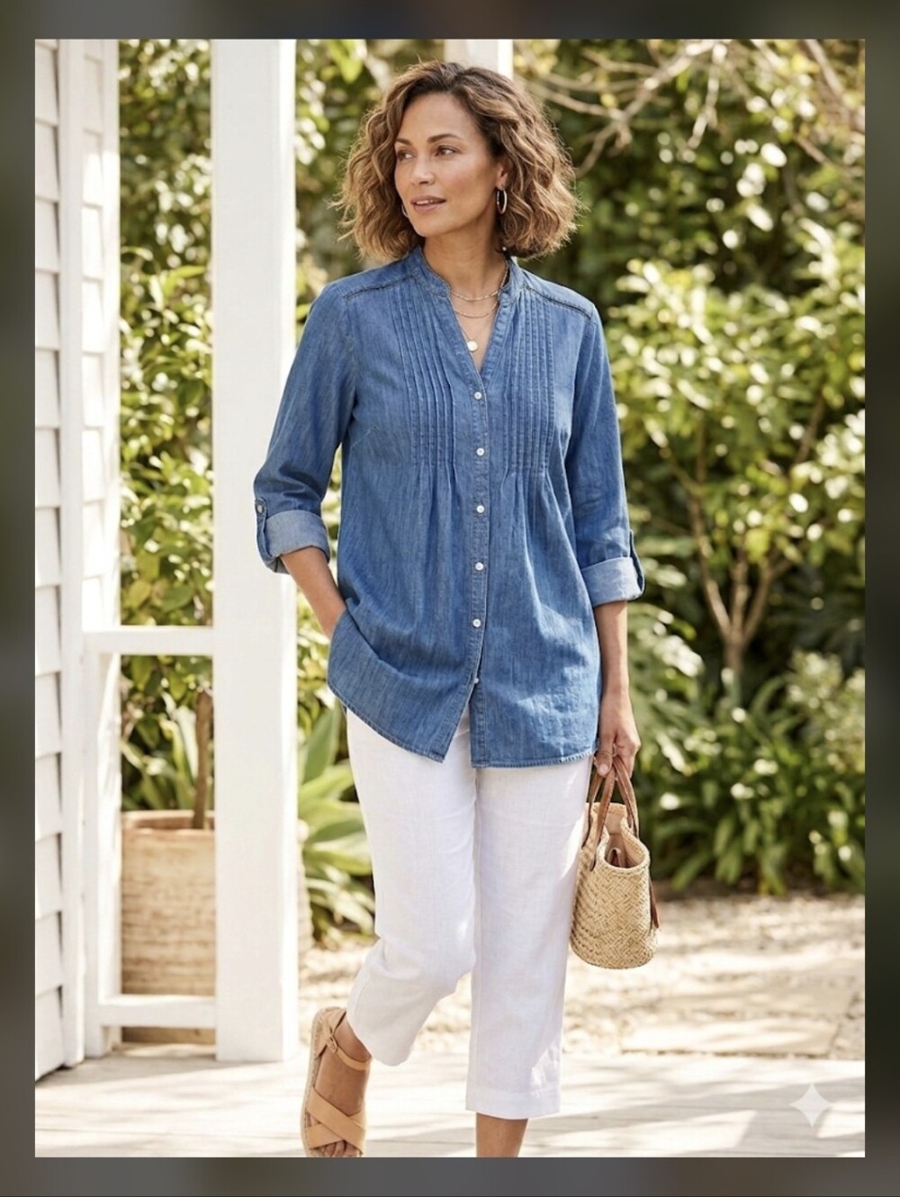 NWT J.McLaughlin Riviera Pintuck Denim Linen Cotton Tunic Shirt Blue Medium